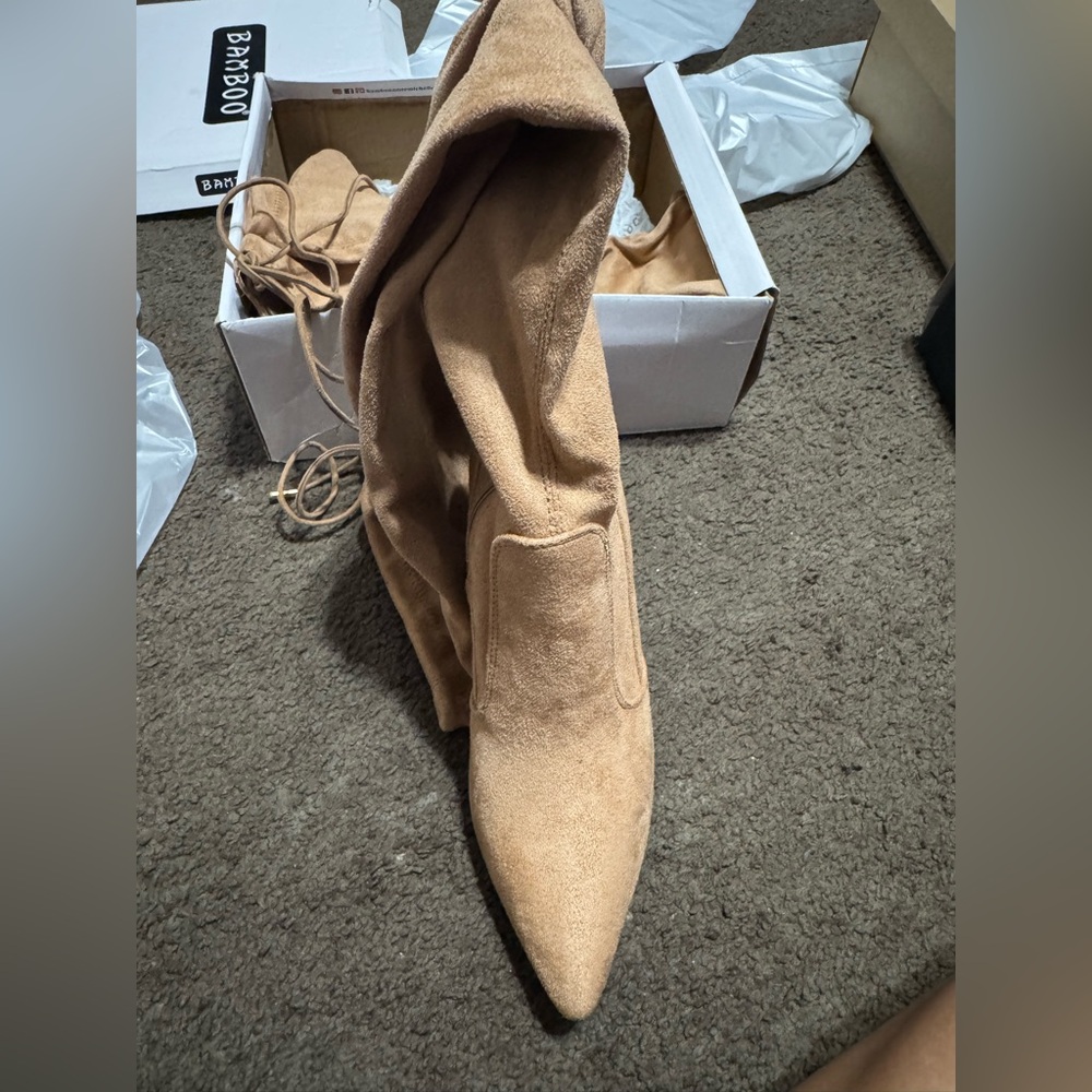 BAMBOO Tan Suede Pointed-Toe Over-the-Knee Boots